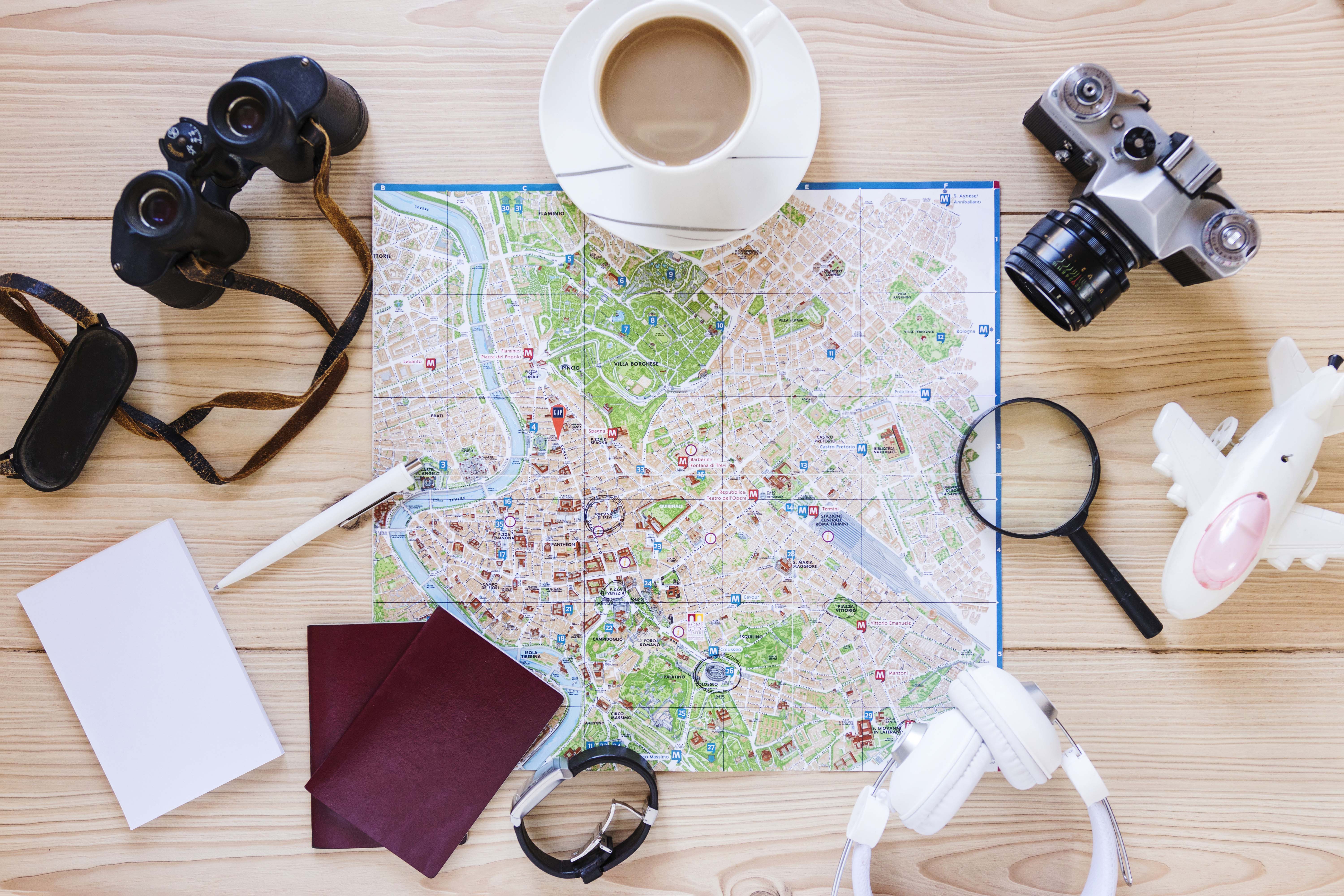 a map.  a camera and a compass